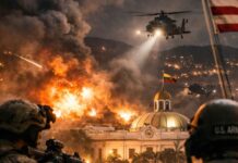 ONU : l’action américaine au Venezuela crée un « dangereux précédent » Hélicoptères militaires américains survolant Caracas lors d’une intervention armée au Venezuela, avec explosions visibles près de bâtiments gouvernementaux, janvier 2026.