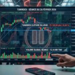 Graphique de la séance boursière du 26 février 2026 montrant une légère correction du TUNINDEX à 15 122,84 points avec un volume de 12,10 MD TND.