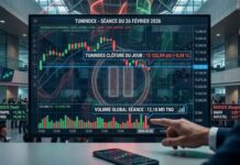 Graphique de la séance boursière du 26 février 2026 montrant une légère correction du TUNINDEX à 15 122,84 points avec un volume de 12,10 MD TND.
