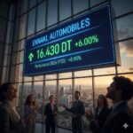 Illustration boursière montrant un écran géant de trading affichant la performance de l'action ENNAKL AUTOMOBILES : cours de 16,430 DT, hausse de +6,00% et performance YTD de +8,95% sur fond de skyline urbaine avec des analystes financiers.