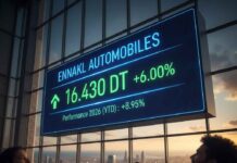 Illustration boursière montrant un écran géant de trading affichant la performance de l'action ENNAKL AUTOMOBILES : cours de 16,430 DT, hausse de +6,00% et performance YTD de +8,95% sur fond de skyline urbaine avec des analystes financiers.
