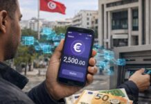 Infographie montrant le corridor financier entre l'euro numérique (BCE) et l'économie tunisienne via une passerelle de conversion numérique sécurisée.