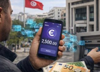 Infographie montrant le corridor financier entre l'euro numérique (BCE) et l'économie tunisienne via une passerelle de conversion numérique sécurisée.