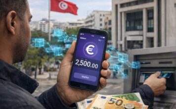 Infographie montrant le corridor financier entre l'euro numérique (BCE) et l'économie tunisienne via une passerelle de conversion numérique sécurisée.