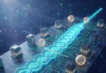 Flux de données financiers lumineux reliant des banques stylisées sur un circuit imprimé futuriste, symbolisant la sécurité et la rapidité des règlements interbancaires