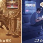 REGARDS CROISÉS | L’Utopie de 1910 face à l’IA de 2026 : Pourquoi nous avons échoué à devenir des “Aristocrates du Temps” Illustration conceptuelle d'une maison automatisée de 1910 utilisant des tubes pneumatiques pour livrer des repas, contrastant avec un homme moderne travaillant sur un ordinateur portable avec une IA.