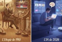 Illustration conceptuelle d'une maison automatisée de 1910 utilisant des tubes pneumatiques pour livrer des repas, contrastant avec un homme moderne travaillant sur un ordinateur portable avec une IA.