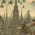 Illustration rétro-futuriste montrant des agents de la circulation aérienne et des avions individuels survolant une ville de verre en 1910.