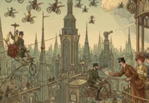 Illustration rétro-futuriste montrant des agents de la circulation aérienne et des avions individuels survolant une ville de verre en 1910.