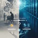 Illustration conceptuelle montrant la transition entre une usine industrielle du début du XXe siècle et un centre de données moderne, symbolisant le passage de la machine physique à l'intelligence artificielle.