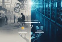 REGARDS CROISÉS | IA vs Machine-Outil : L’éternel retour de l’utopie technologique Illustration conceptuelle montrant la transition entre une usine industrielle du début du XXe siècle et un centre de données moderne, symbolisant le passage de la machine physique à l'intelligence artificielle.