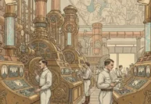 Illustration d'une usine futuriste imaginée en 1910 avec des machines automatisées et peu d'ouvriers surveillant des cadrans.