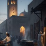 Vue panoramique de la Grande Mosquée de Kairouan au crépuscule avec les ruelles de la Médina et des passants en habits traditionnels (jebba).