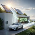 SUV électrique OMODA E5 en charge sur une borne 22kW domestique alimentée par des panneaux solaires, illustrant l'offre SMSS d'Ulysse Car Trading en Tunisie pour 22 000 km d'autonomie gratuite.