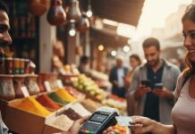 Une cliente effectuant un paiement par carte bancaire sans contact sur un terminal TPE tenu par un marchand dans un souk traditionnel tunisien, illustrant la modernisation des paiements de proximité en Tunisie