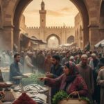 Vue panoramique de l'entrée de la Médina de Sfax et de Bab Bhar avec une foule dense faisant ses courses de Ramadan l'après-midi