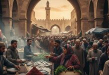 Vue panoramique de l'entrée de la Médina de Sfax et de Bab Bhar avec une foule dense faisant ses courses de Ramadan l'après-midi