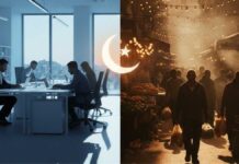 Photographie d'un marché animé à Tunis en fin d'après-midi durant le Ramadan, montrant des étals de produits frais et une foule dense avant l'Iftar.