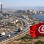 Zone industrielle tunisienne : drapeau au premier plan, autoroute avec camions, usines et panneaux solaires, immeubles en construction en arrière-plan.