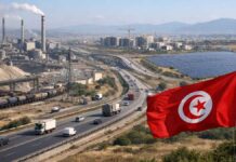 LA SEMAINE ECO | Tunisie 2026 : Fiscalité, Taux Directeur et Corridors Économiques Zone industrielle tunisienne : drapeau au premier plan, autoroute avec camions, usines et panneaux solaires, immeubles en construction en arrière-plan.