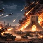 Vue aérienne de nuit de Téhéran avec des panaches de fumée suite aux frappes aériennes du 28 février 2026