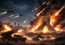 Vue aérienne de nuit de Téhéran avec des panaches de fumée suite aux frappes aériennes du 28 février 2026