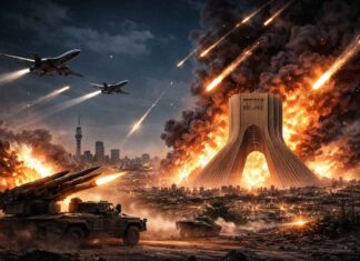 Vue aérienne de nuit de Téhéran avec des panaches de fumée suite aux frappes aériennes du 28 février 2026