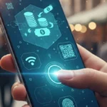 Smartphone affichant une application de Wallet numérique effectuant un paiement par scan de QR Code dans un commerce tunisien moderne