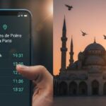 Smartphone affichant une application d'horaires de prière à Paris à côté d'une mosquée majestueuse au coucher du soleil