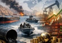 Vue satellite du détroit d'Ormuz montrant une forte concentration de navires pétroliers stationnés à l'entrée du Golfe Persique.