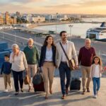 Photographie aérienne d'une famille multigénérationnelle de la diaspora (6 personnes) débarquant joyeusement d'un ferry dans le port de Tunis (La Goulette). Au premier plan, un couple qualifié tire des valises, un grand-parent est ému, et un enfant tient un drapeau tunisien. En arrière-plan, le grand ferry 'TUNISIA LINE' et les infrastructures portuaires sont éclairés par la lumière dorée du lever du soleil.