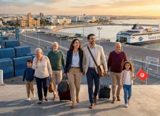 Tunisie : Quatre districts, quatre réalités, comment le pays territorialise sa relation avec ses compétences à l’étranger Photographie aérienne d'une famille multigénérationnelle de la diaspora (6 personnes) débarquant joyeusement d'un ferry dans le port de Tunis (La Goulette). Au premier plan, un couple qualifié tire des valises, un grand-parent est ému, et un enfant tient un drapeau tunisien. En arrière-plan, le grand ferry 'TUNISIA LINE' et les infrastructures portuaires sont éclairés par la lumière dorée du lever du soleil.