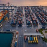 Photographie éditoriale aérienne du port de Radès en Tunisie au lever du soleil. Des portiques de déchargement modernes, des piles de conteneurs et un navire cargo sont visibles.