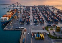 Photographie éditoriale aérienne du port de Radès en Tunisie au lever du soleil. Des portiques de déchargement modernes, des piles de conteneurs et un navire cargo sont visibles.