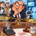 Caricature d'un dirigeant hésitant devant une balance opposant des candidats salariés à des agents IA, illustrant les choix entre embauche et automatisation.