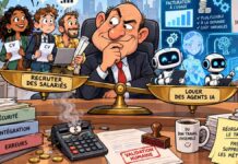 Caricature d'un dirigeant hésitant devant une balance opposant des candidats salariés à des agents IA, illustrant les choix entre embauche et automatisation.