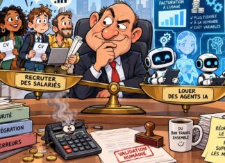 Caricature d'un dirigeant hésitant devant une balance opposant des candidats salariés à des agents IA, illustrant les choix entre embauche et automatisation.