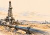 Illustration au crayon d’une installation pétrolière dans un paysage désertique, avec un grand oléoduc au premier plan et un complexe industriel à l’horizon.