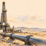 Algérie : 37,5 milliards de dollars d’hydrocarbures, la rente face à l’épreuve de l’investissement Illustration au crayon d’une installation pétrolière dans un paysage désertique, avec un grand oléoduc au premier plan et un complexe industriel à l’horizon.