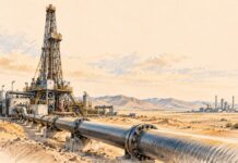 Illustration au crayon d’une installation pétrolière dans un paysage désertique, avec un grand oléoduc au premier plan et un complexe industriel à l’horizon.