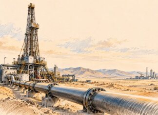 Illustration au crayon d’une installation pétrolière dans un paysage désertique, avec un grand oléoduc au premier plan et un complexe industriel à l’horizon.