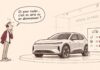 Caricature d'un automobiliste perplexe devant une voiture connectée et un panneau présentant plusieurs fonctionnalités verrouillées.