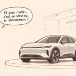Caricature d'un automobiliste perplexe devant une voiture connectée et un panneau présentant plusieurs fonctionnalités verrouillées.