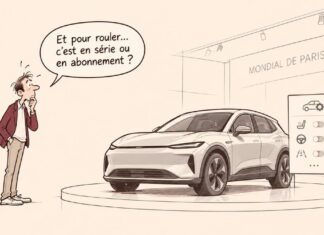 Caricature d'un automobiliste perplexe devant une voiture connectée et un panneau présentant plusieurs fonctionnalités verrouillées.