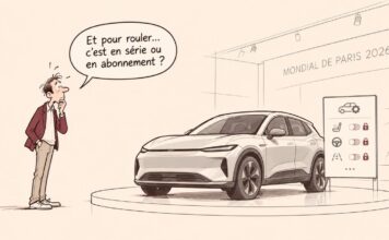 CARICATURE | Automobile connectée : les fonctions par abonnement en question Caricature d'un automobiliste perplexe devant une voiture connectée et un panneau présentant plusieurs fonctionnalités verrouillées.