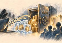 Un responsable générique face à un coffre financier protégé, tandis que d’autres actifs restent verrouillés, illustrant les engagements de Binance après la cyberattaque.