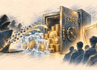 Un responsable générique face à un coffre financier protégé, tandis que d’autres actifs restent verrouillés, illustrant les engagements de Binance après la cyberattaque.