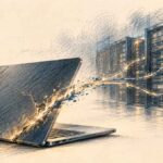 Piratage Binance : comment l’attaque de 6,3 milliards a eu lieu Illustration au crayon d’un ordinateur portable présentant une faille lumineuse, reliée à des serveurs informatiques, symbolisant le piratage de Binance.