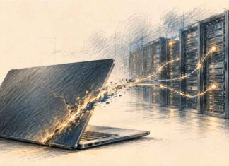 Piratage Binance : comment l’attaque de 6,3 milliards a eu lieu Illustration au crayon d’un ordinateur portable présentant une faille lumineuse, reliée à des serveurs informatiques, symbolisant le piratage de Binance.