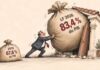 Dette publique tunisienne : un poids croissant entre 2019 et 2026 Caricature montrant un responsable générique poussant un immense sac représentant 83,4 % du PIB en LF 2026 dans une petite maison, à côté d'un sac portant 67,8 % pour 2019.